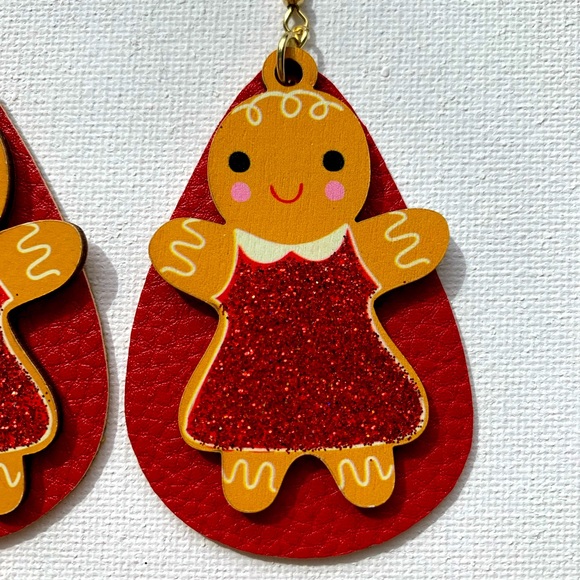 🎉 Host Pick 🎉 Christmas Wooden Gingerbread Girl red faux leather earrings - Picture 2 of 5